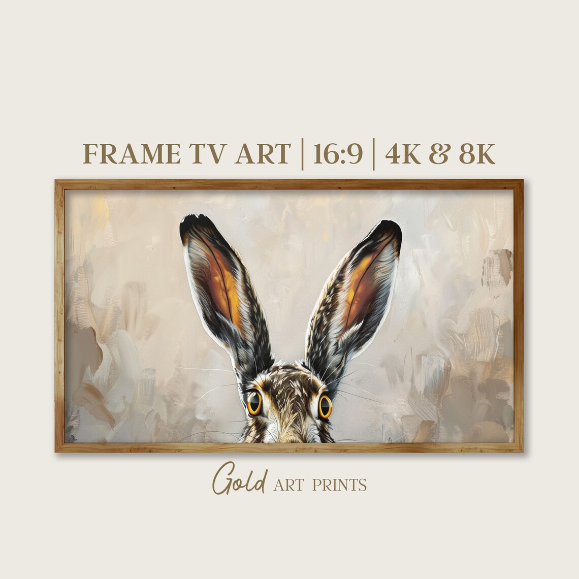 Curious Hare Peeking Ears and Eyes Playful Oil Painting Poster