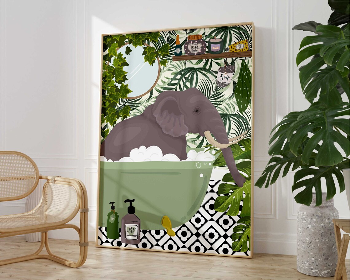 Elephant in Bathtub Bathroom Art Print, Maximalist Boho