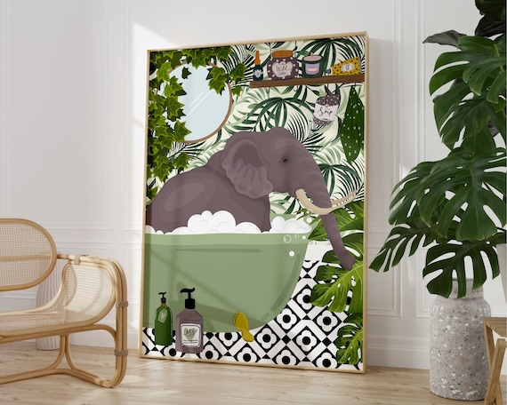 Elephant in Bathtub Bathroom Art Print, Maximalist Boho