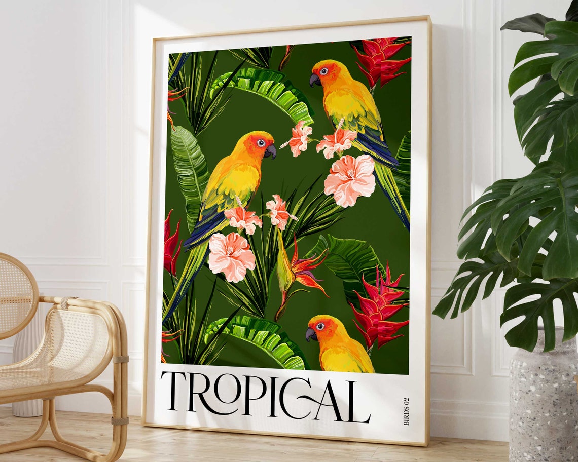 Tropical Birds No.2 Sun Conure Parrots And Hibiscus Wall Art