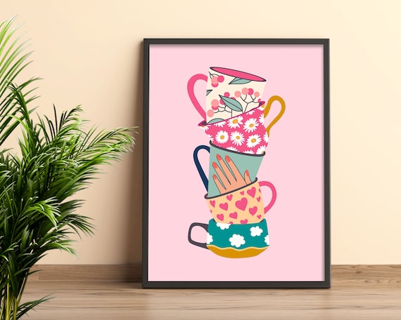 Stacked Floral Tea Cups On Pink Background Retro Kitchen Poster