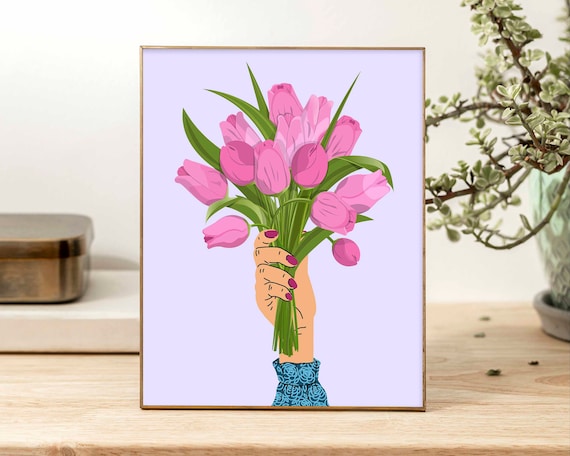 Pink Tulip Bouquet Botanical Wall Art With Spring Posy Lilac Design