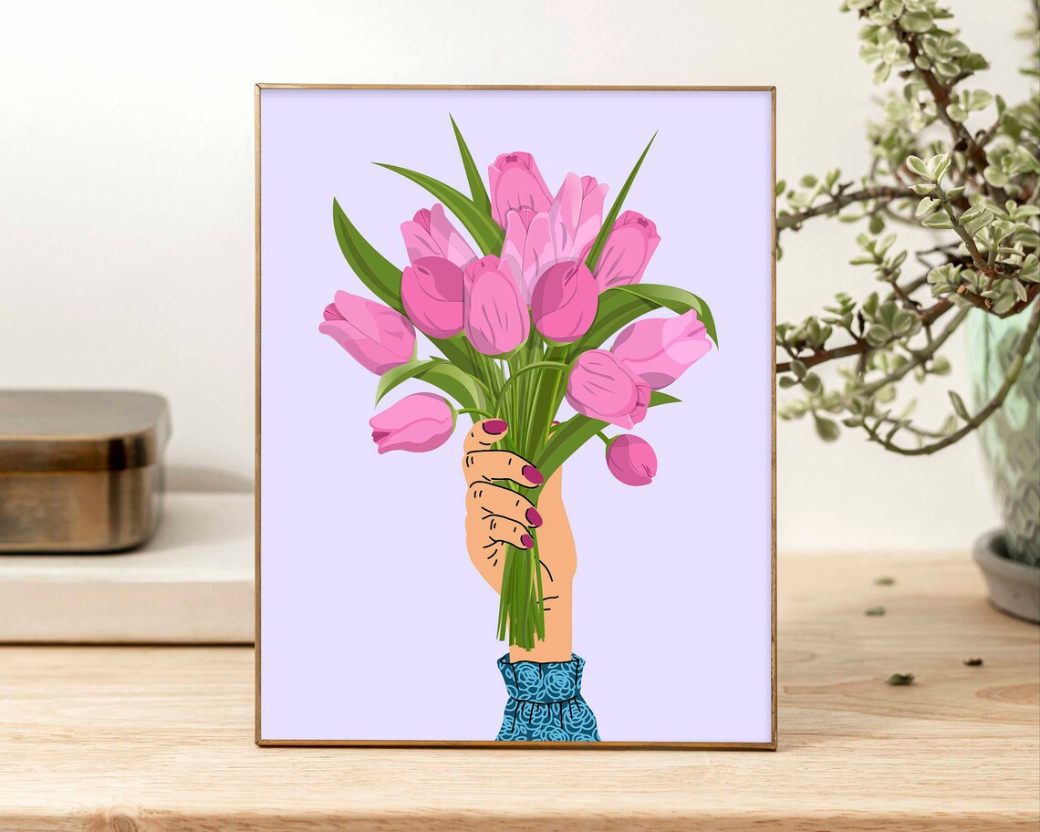 Pink Tulip Bouquet Botanical Wall Art With Spring Posy Lilac Design