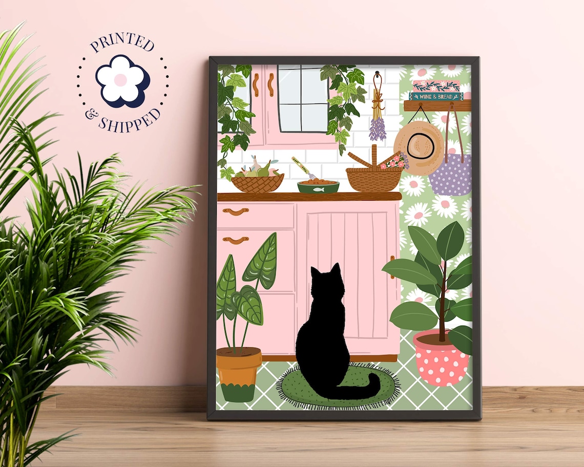 Black Cat In Kitchen Botanical Cottage Art Print