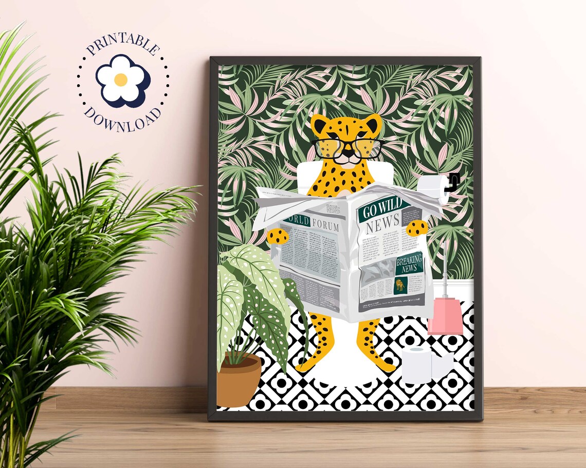 Cheetah On Toilet Bathroom Art Print, Tropical Boho