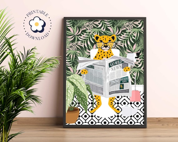 Cheetah On Toilet Bathroom Art Print, Tropical Boho