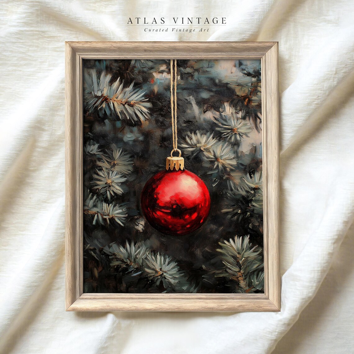 Red Christmas Bauble on Snowy Pine Vintage Oil Painting Poster - Image 3