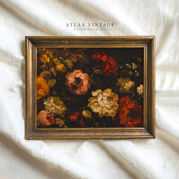 Vintage Autumn Floral Print Dark Fall Flower Painting Moody Botanical Room Decor Thanksgiving Wall Art
