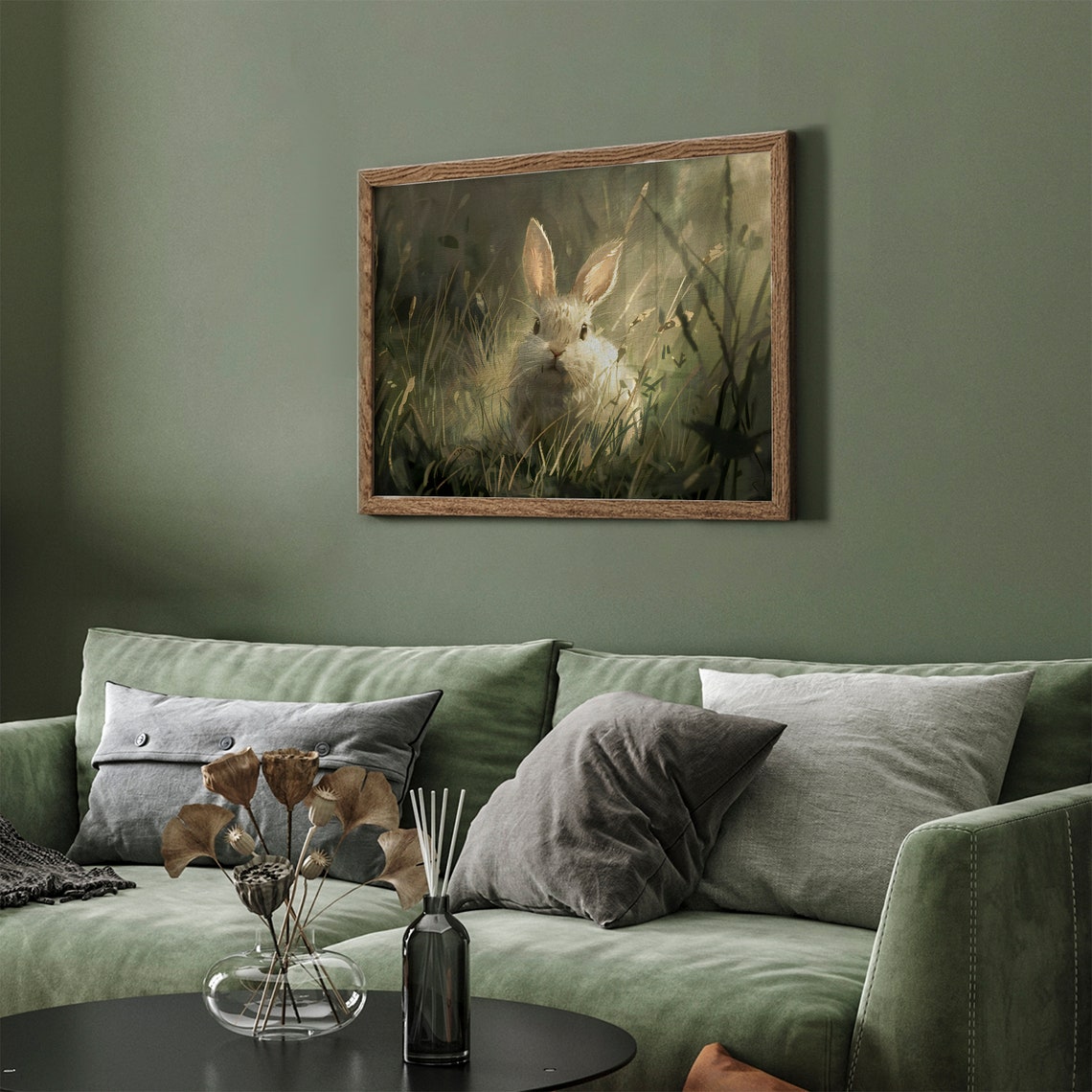 Moody White Rabbit Grass Painting Vintage Spring Bunny Art Poster - Image 4