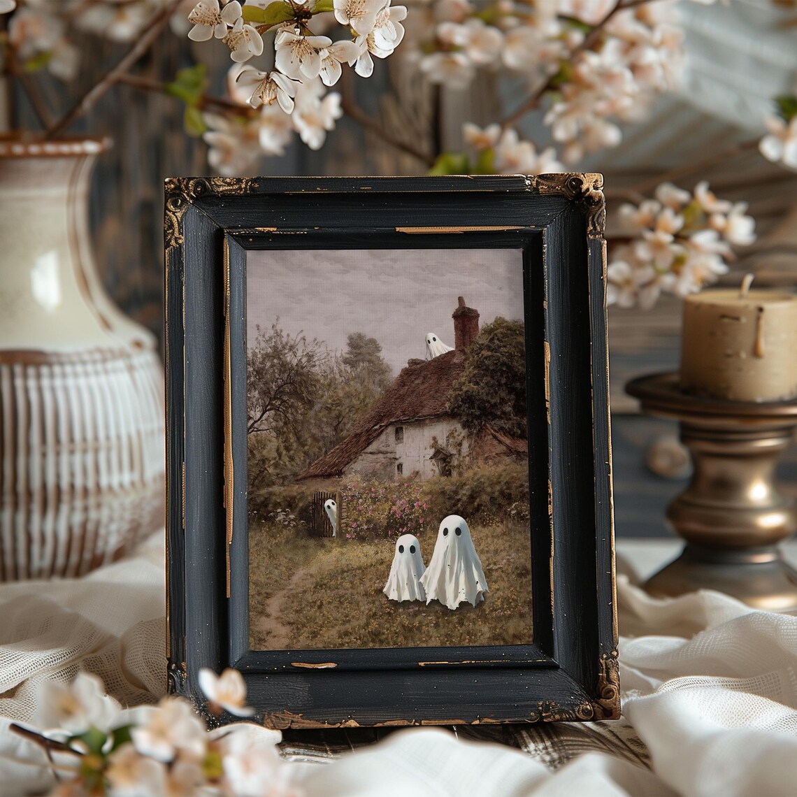 Cute Sheet Ghosts Old Country Cottage Fall Landscape Halloween Art Poster - Image 5