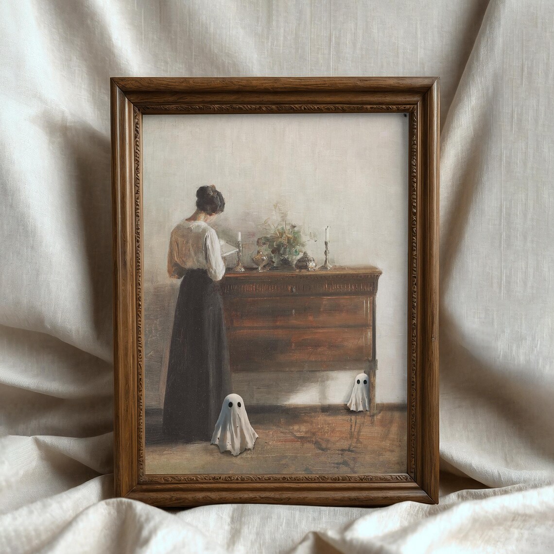 Moody Woman Reading With Cute Ghosts Candlelit Room Halloween Art Poster - Image 6
