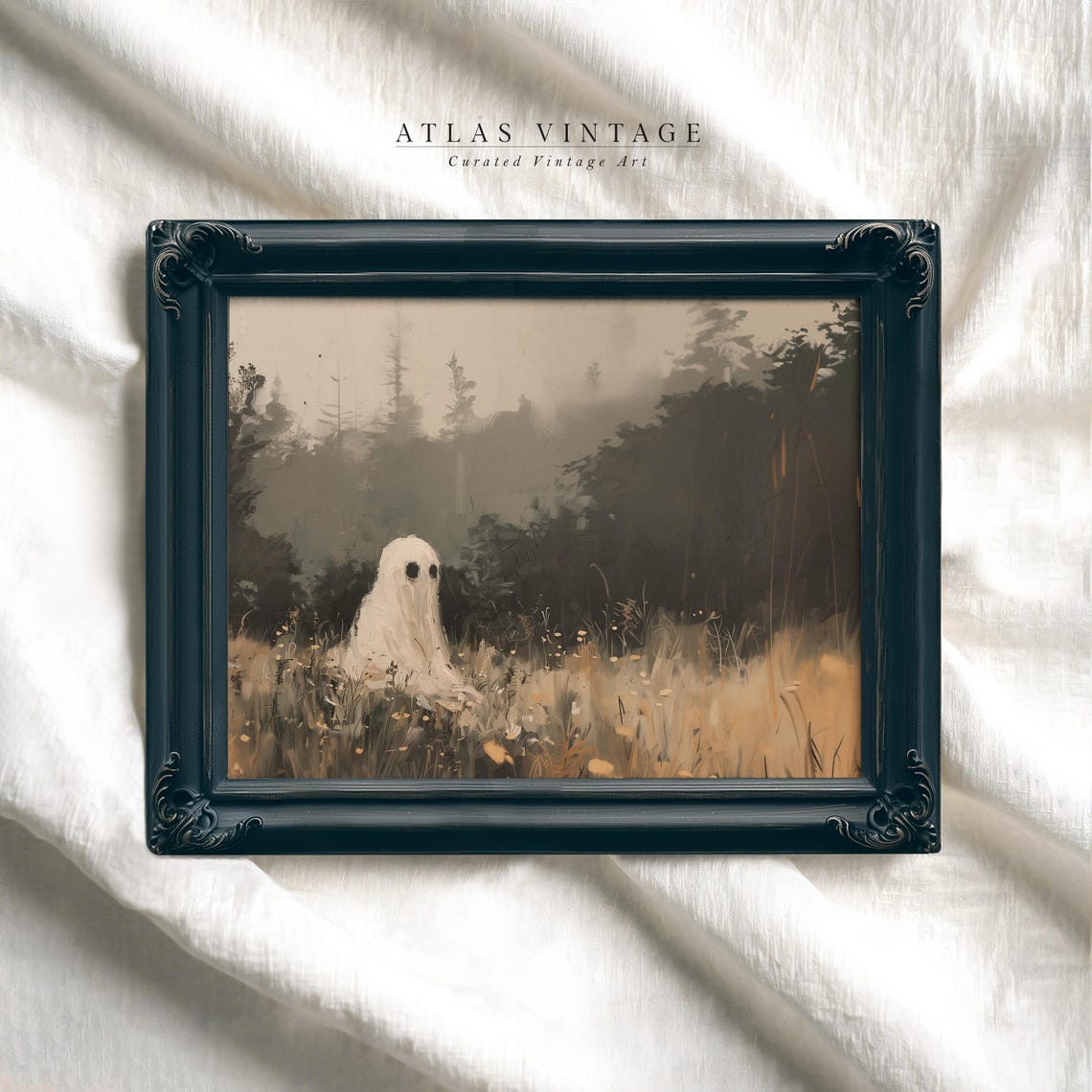 Halloween Ghost In Fall Wildflower Meadow Print Vintage Spooky Cute Ghost Wall Art Funny Halloween Autumn Decor - Image 4