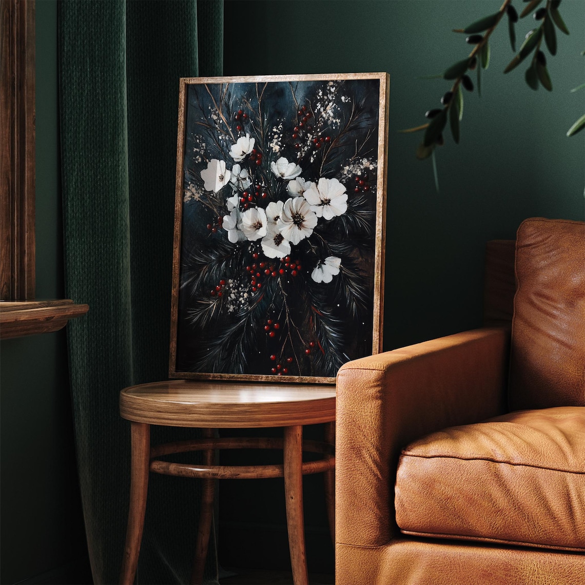 Dark Moody Winter Florals White Blooms Red Berries Evergreen Poster - Image 2