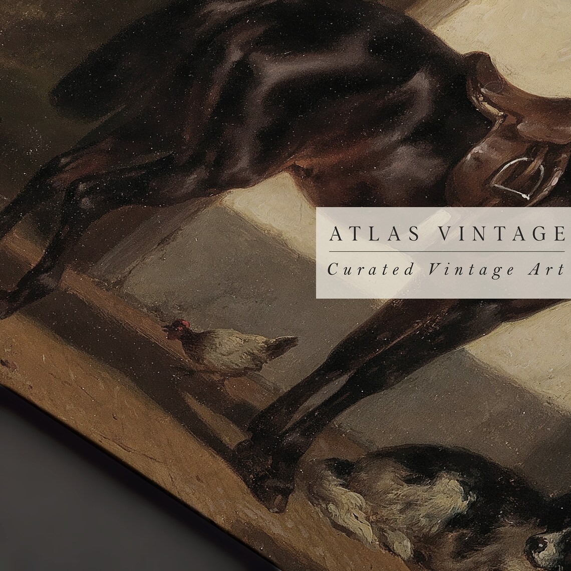 Saddled Bay Horse in Stable with Dog Vintage Equestrian Poster - Image 4