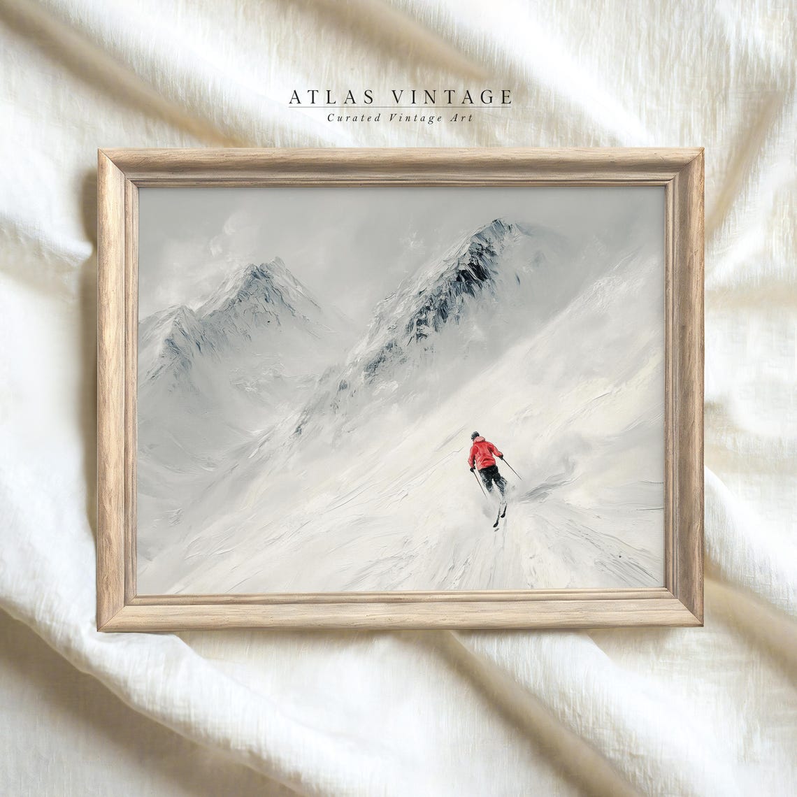 Lone Skier In Red Jacket Descending Misty Snowy Mountain Slope Poster - Image 7