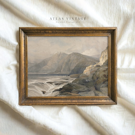Misty Mountain Coast Vintage Watercolor Seascape Painting Coastal Art Poster