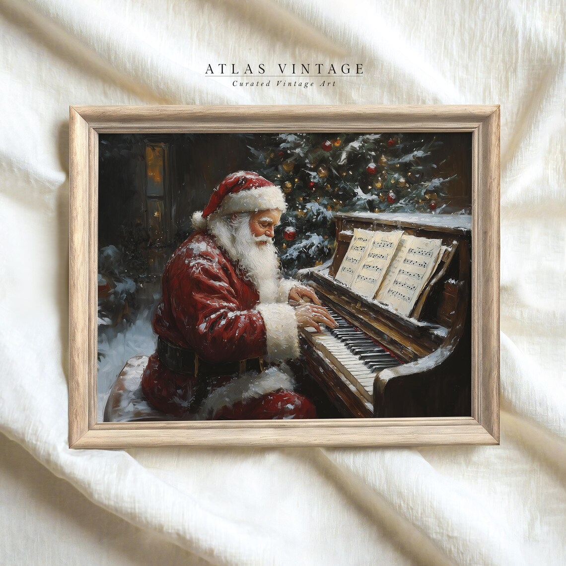 Vintage Christmas Print Santa Claus Playing Piano Oil Painting Xmas Wall Decor Winter Festive Art Holiday Music Prints - Image 4