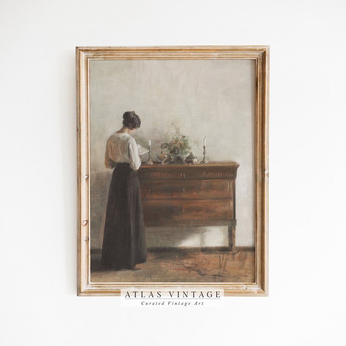 Woman Reading Letter at Antique Sideboard Vintage Interior Poster