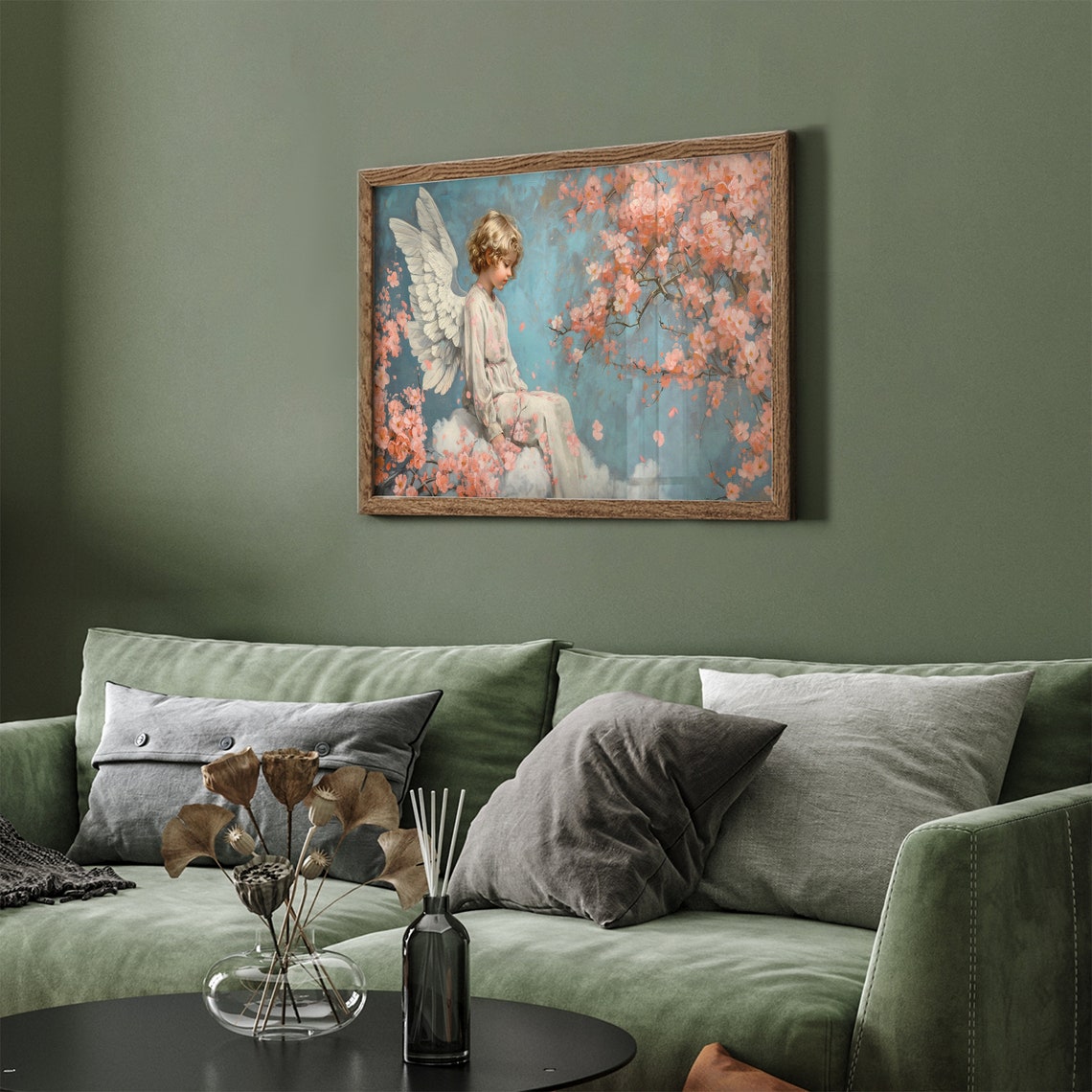 Angel Child Among Cherry Blossoms Teal Sky Vintage Frame TV Wall Art - Image 3