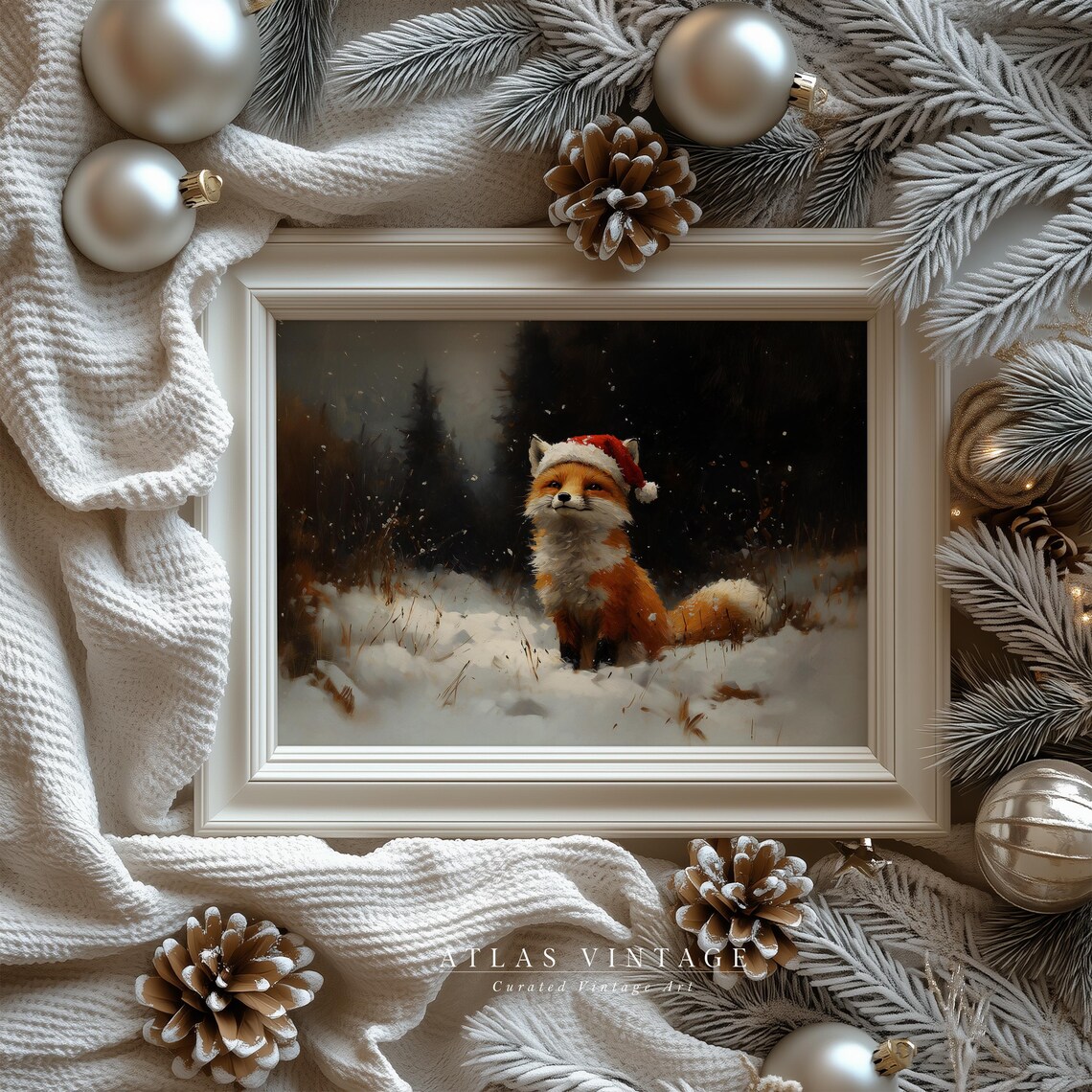 Fox in a Santa Hat Snowy Vintage Christmas Animal Painting Poster - Image 7