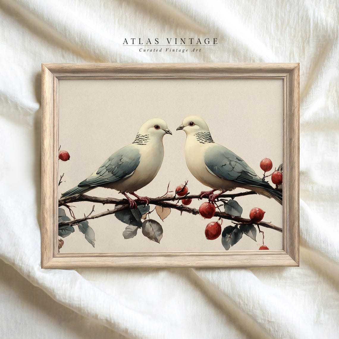 Two Doves on Winter Berry Branch Facing Each Other Art Poster