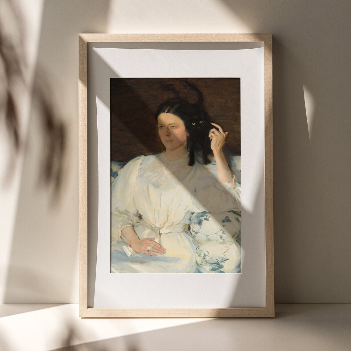 Vintage Portrait of Woman in White Dress with Black Cat Poster - Image 5