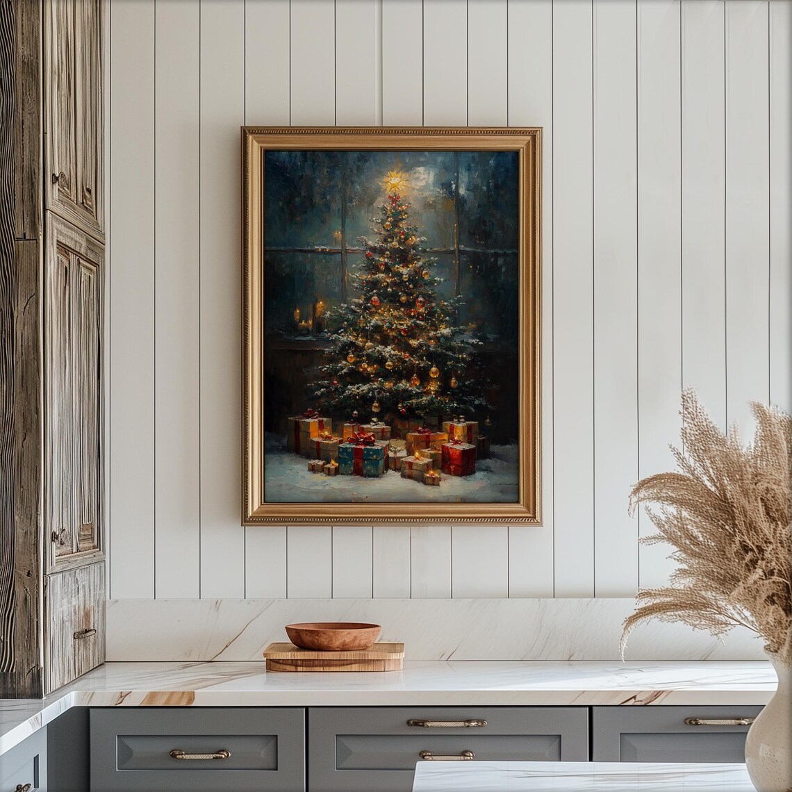 Cozy Christmas Tree with Gifts by Frosty Window Painting Poster - Image 4