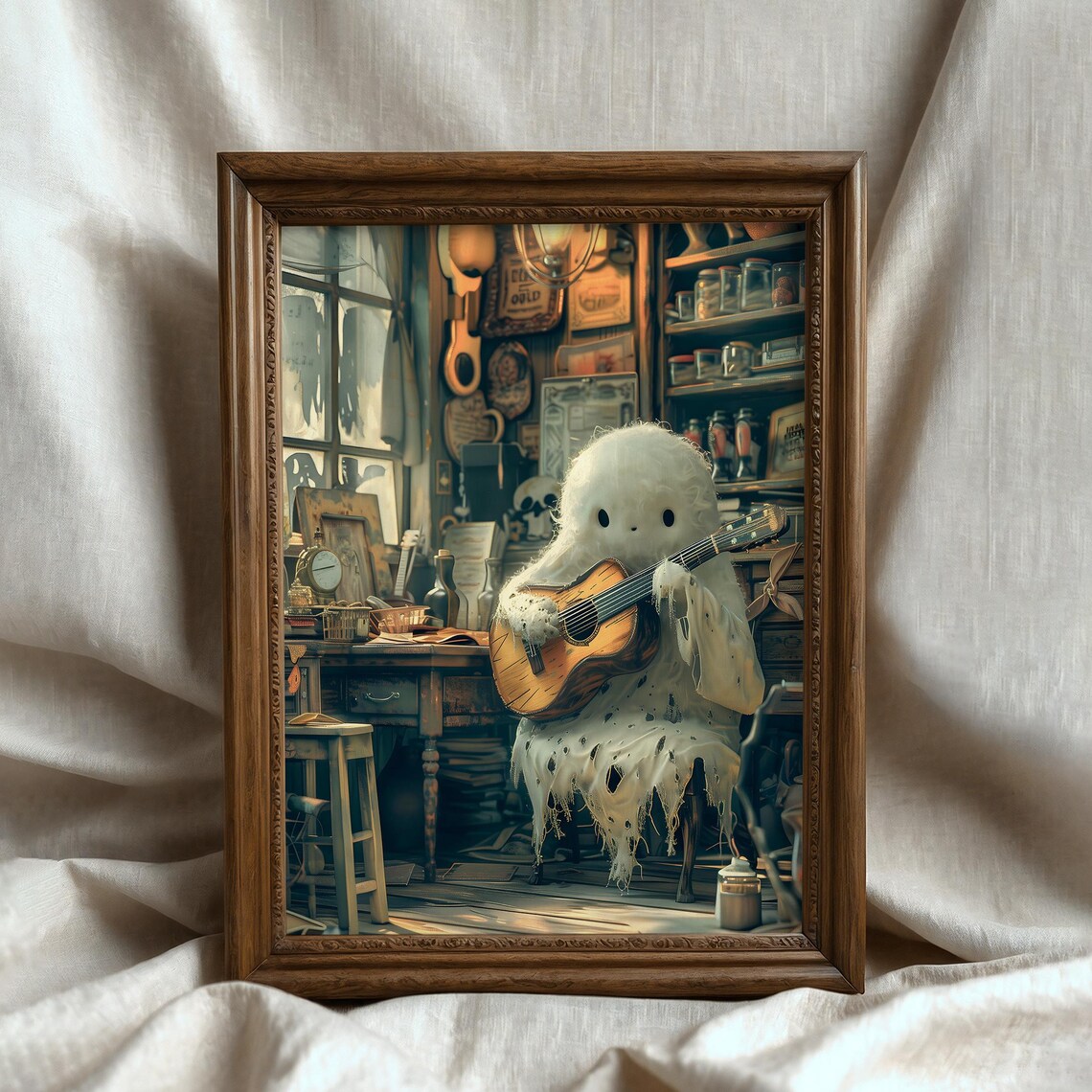 Cute Ghost Playing Guitar Print Vintage Spooky Halloween Wall Decor Art - Image 6