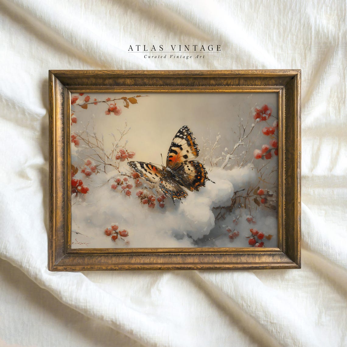 Painted Lady Butterfly on Snowy Red Berry Branches Winter Poster - Image 6