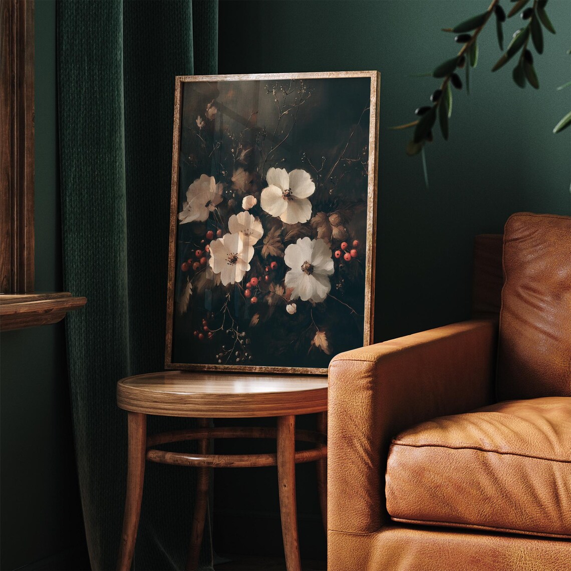 Dark Moody Winter Flower Painting Poster Vintage Christmas Floral - Image 5