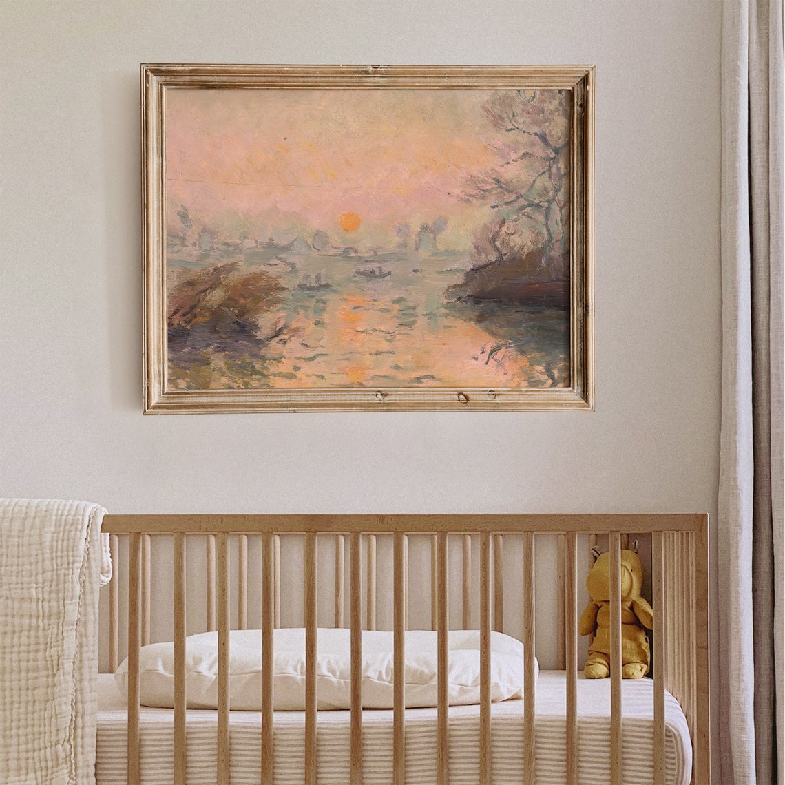 Impressionist Sunset Over River Orange Sun Boats Painting Poster - Image 5