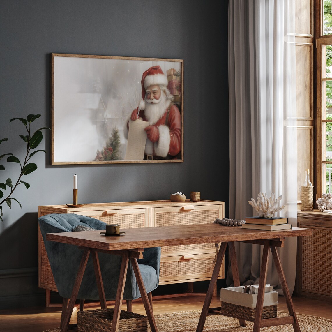 Santa Claus Checking His List in Snowy Village Painting Poster - Image 6