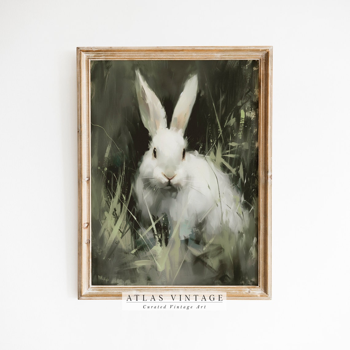 Vintage White Rabbit Painting Poster Cute Easter Bunny Portrait Art