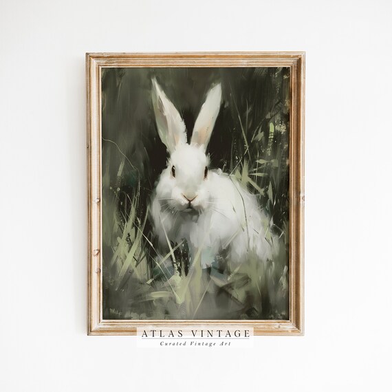 Vintage White Rabbit Painting Poster Cute Easter Bunny Portrait Art