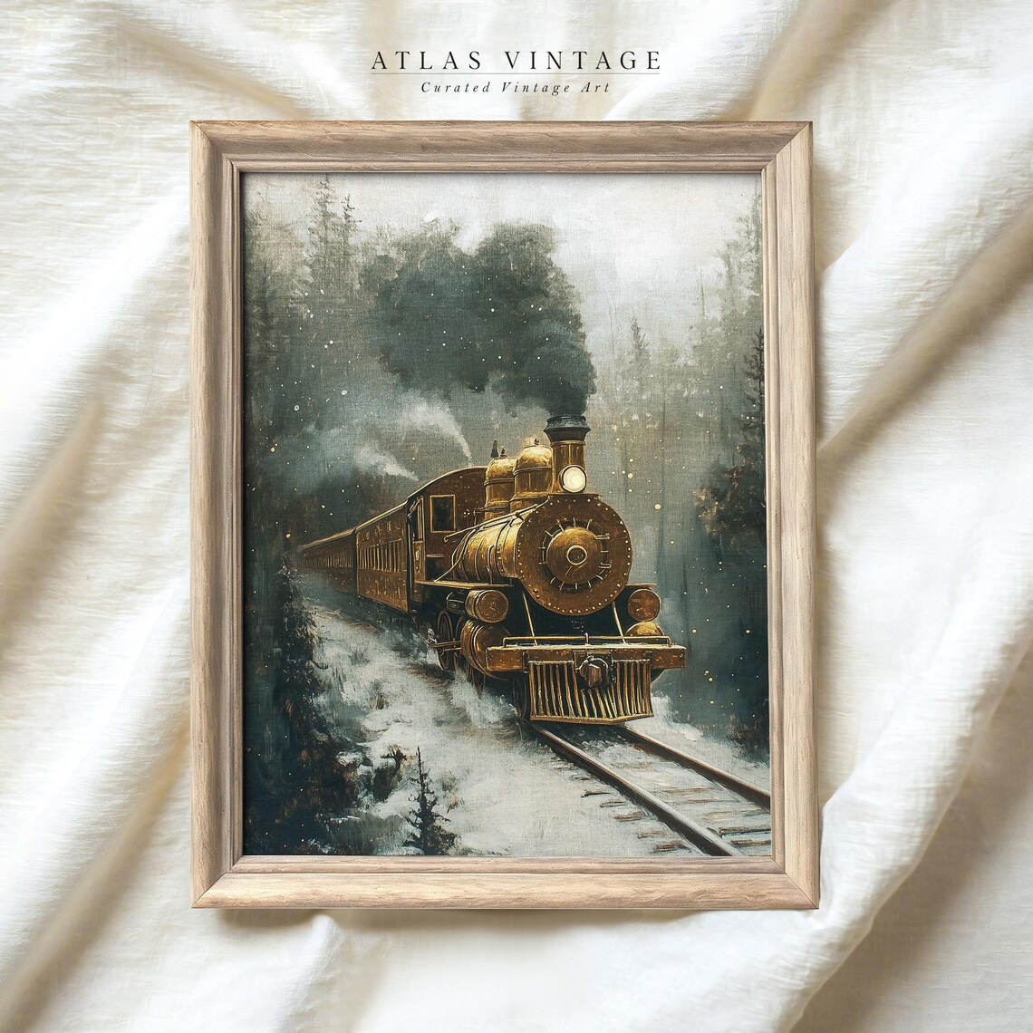 Vintage Golden Steam Train Christmas Poster Snowy Railroad Locomotive - Image 3