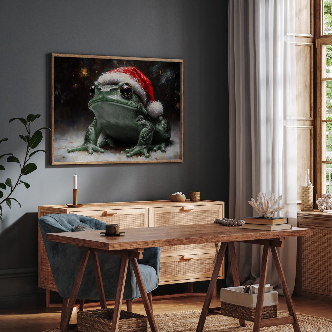 Christmas Frog In Santa Hat Painted Moody Winter Night Toad Poster - Image 5