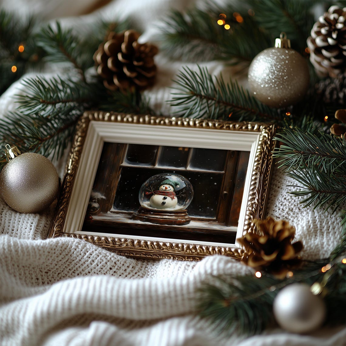 Snowman Snow Globe on Windowsill Vintage Christmas Night Art Poster - Image 7
