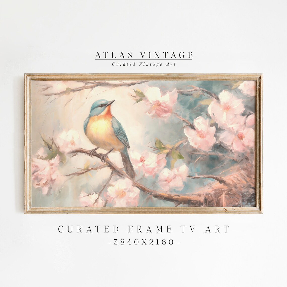 Spring Bluebird on Cherry Blossom Branch Vintage Bird Blossom Art Poster