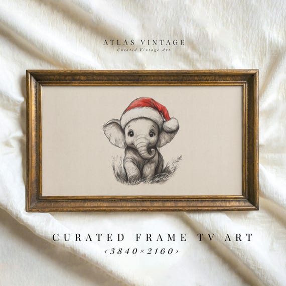 Baby Elephant In Santa Hat Sketch Frame Tv Art Neutral Christmas Wall Decor Vintage Xmas Frame Tv Cute Animal Drawing Nursery
