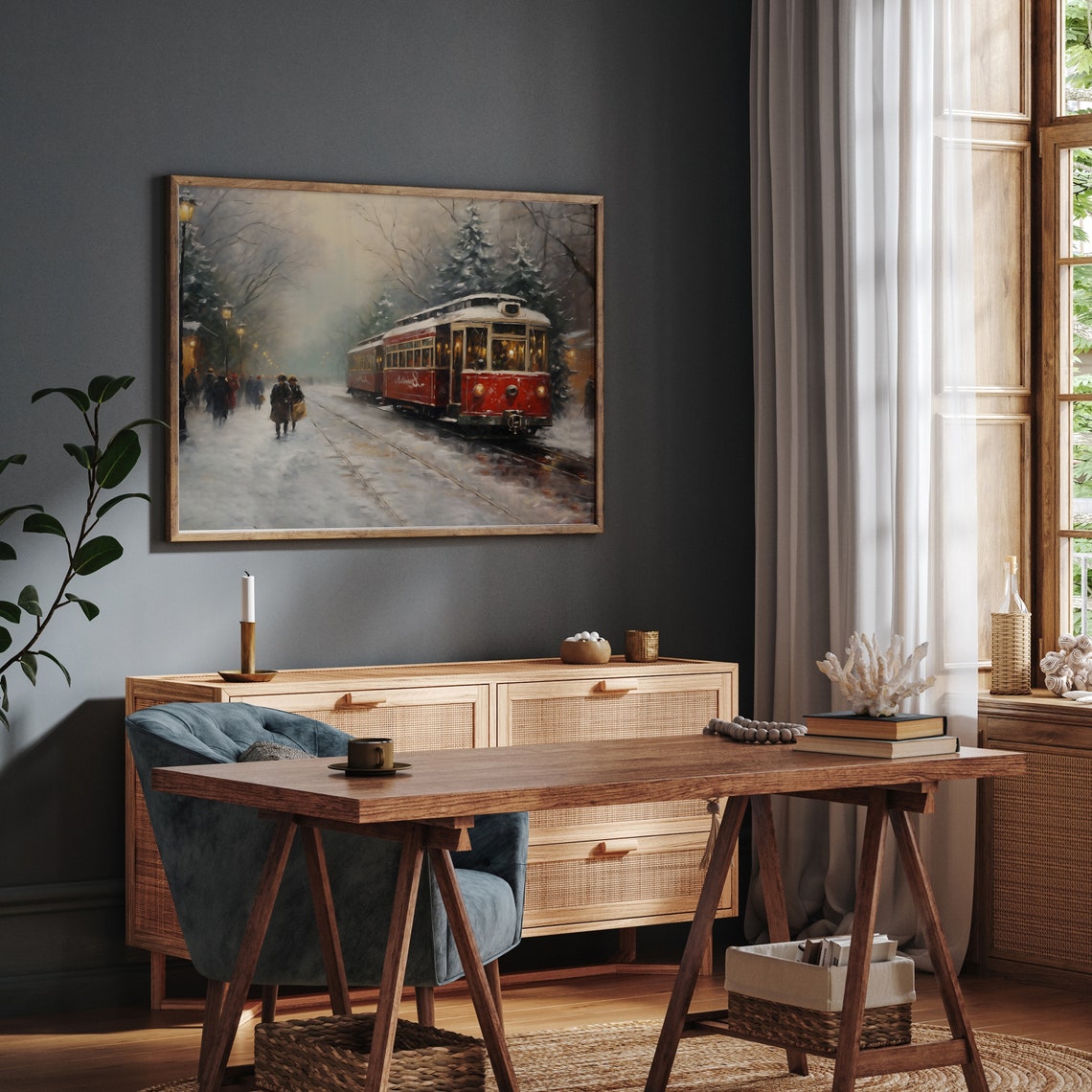 Vintage Red Tram Gliding Through Snowy Winter Street Painting Poster - Image 4