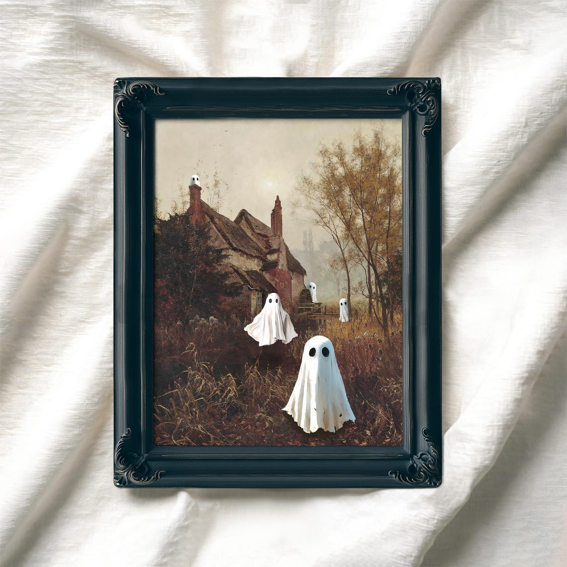 Cute Sheet Ghosts Before Autumn Cottage Spooky Fall Landscape Poster - Image 7