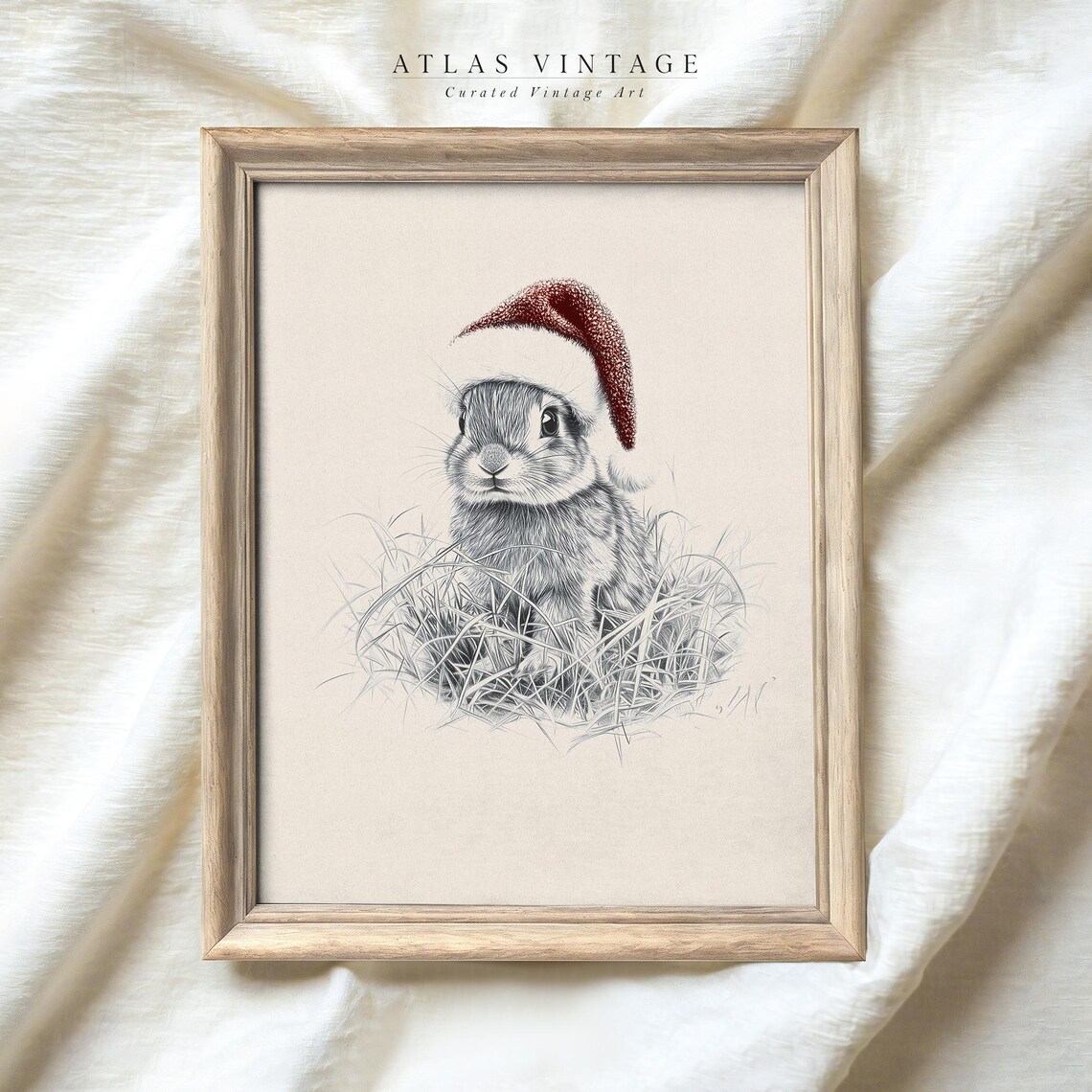 Baby Rabbit Santa Hat Sketch Christmas Vintage Animal Drawing Poster - Image 4