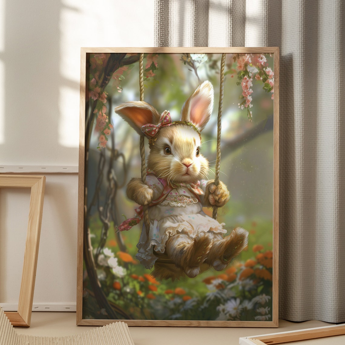 Vintage Cute Swinging Easter Bunny Print Spring Rabbit Wall Art Nursery Dcor Kids Room Dcor Antique Bunny Painting - Image 6