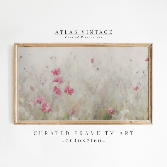 Pink Wildflower Meadow in Morning Mist Vintage Soft Floral Field Poster