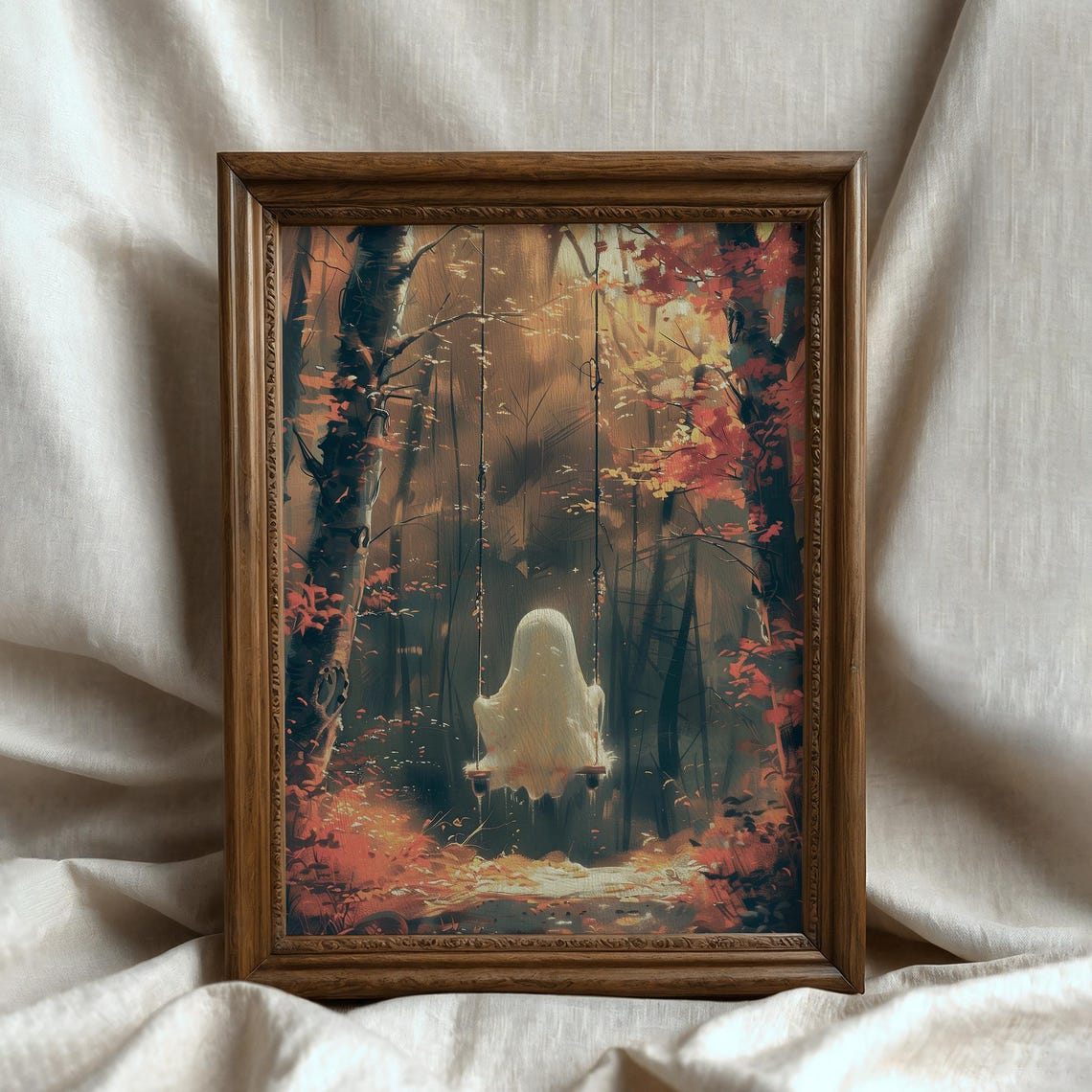 Vintage Cute Halloween Ghost On The Swing Print Spooky Ghost Painting Funny Autumn Cottagecore Decor Gothic Fall Wall Art - Image 6