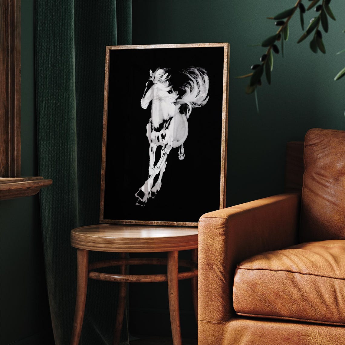 Rearing White Horse Asian Brush Painting Black Background Poster - Image 5
