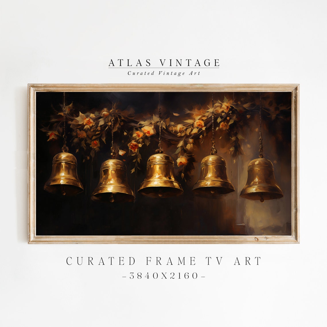 Five Antique Brass Bells with Floral Garland Dark Painting Poster