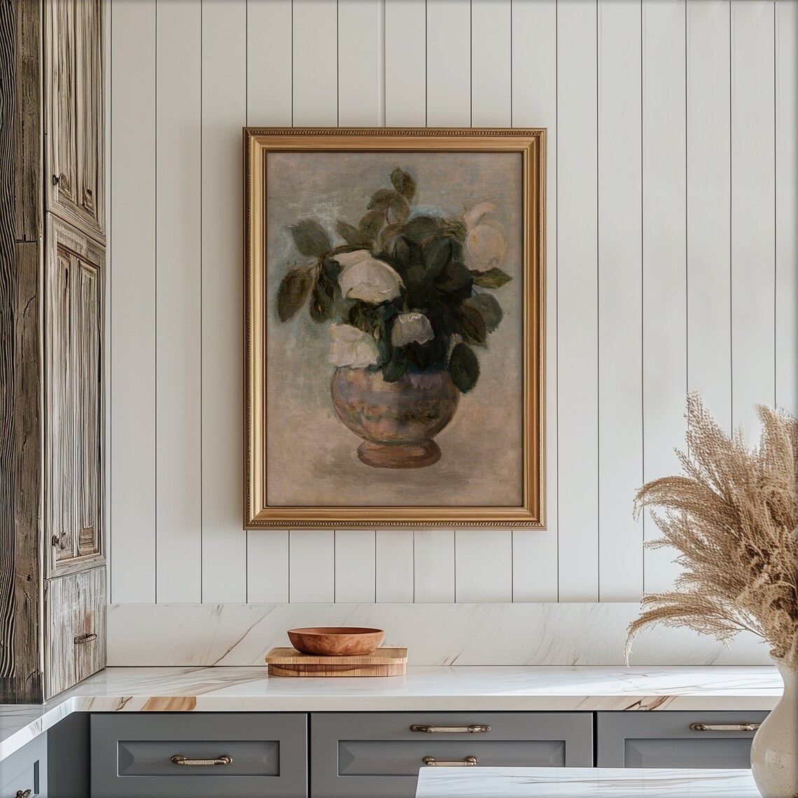 White Roses in Vase Muted Vintage Still Life Floral Painting Poster - Image 3