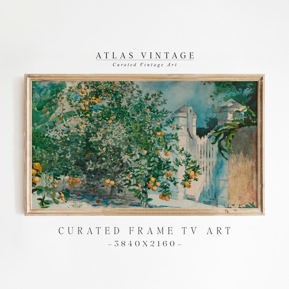 Watercolor Orange Tree Grove Poster White Garden Gate Painting