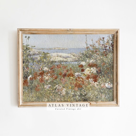 Poppy Wildflower Meadow Overlooking Sea Impressionist Vintage Summer Art Poster